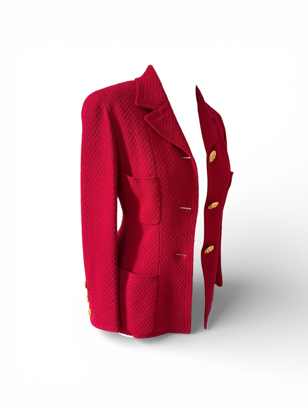 Chanel Red Woollen and Weave Gold Button Suit