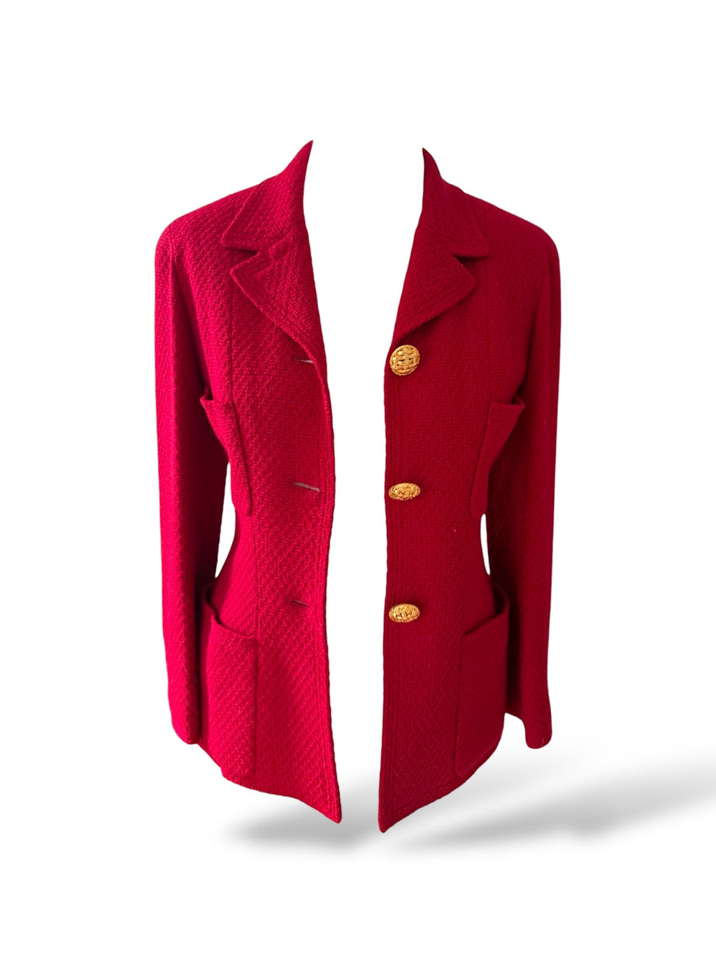 Chanel Red Woollen and Weave Gold Button Suit