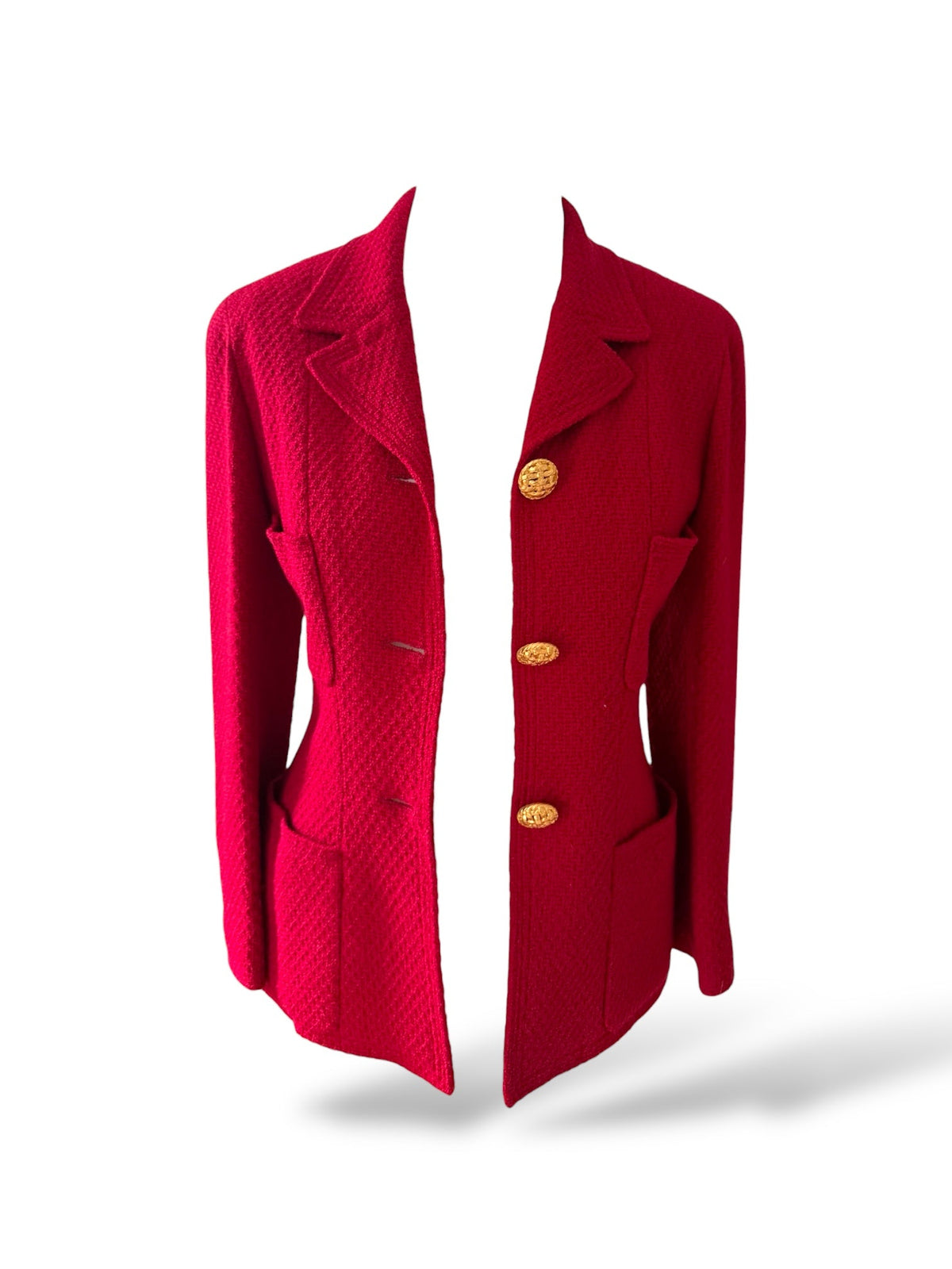 Chanel Red Woollen and Weave Gold Button Suit