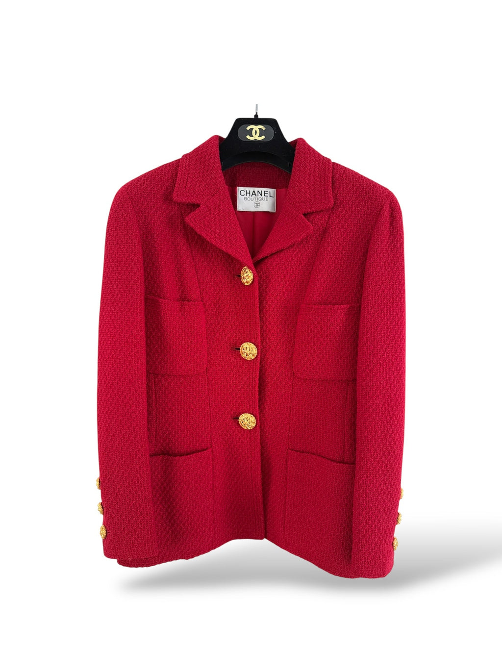 Chanel Red Woollen and Weave Gold Button Suit