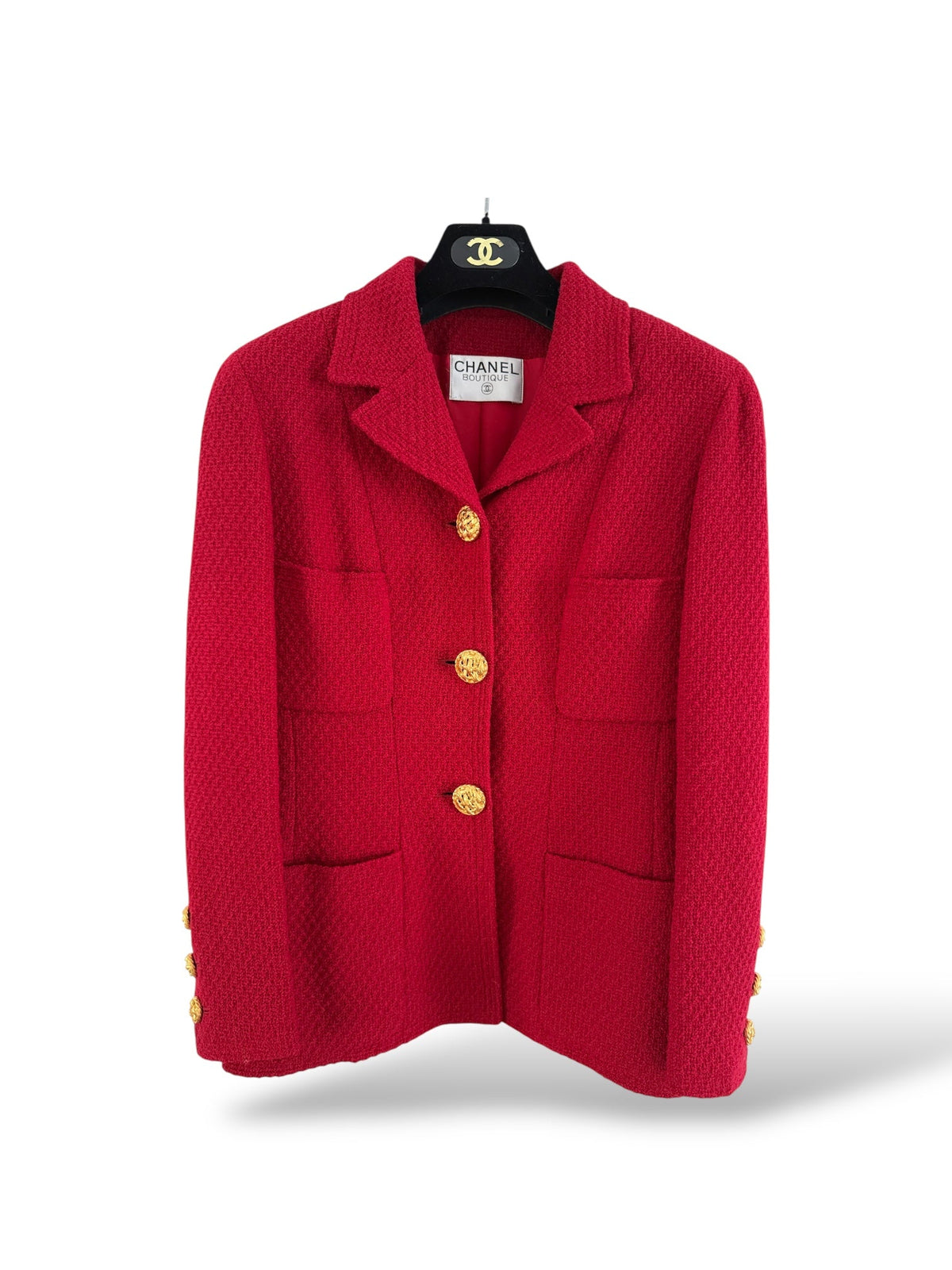 Chanel Red Woollen and Weave Gold Button Suit