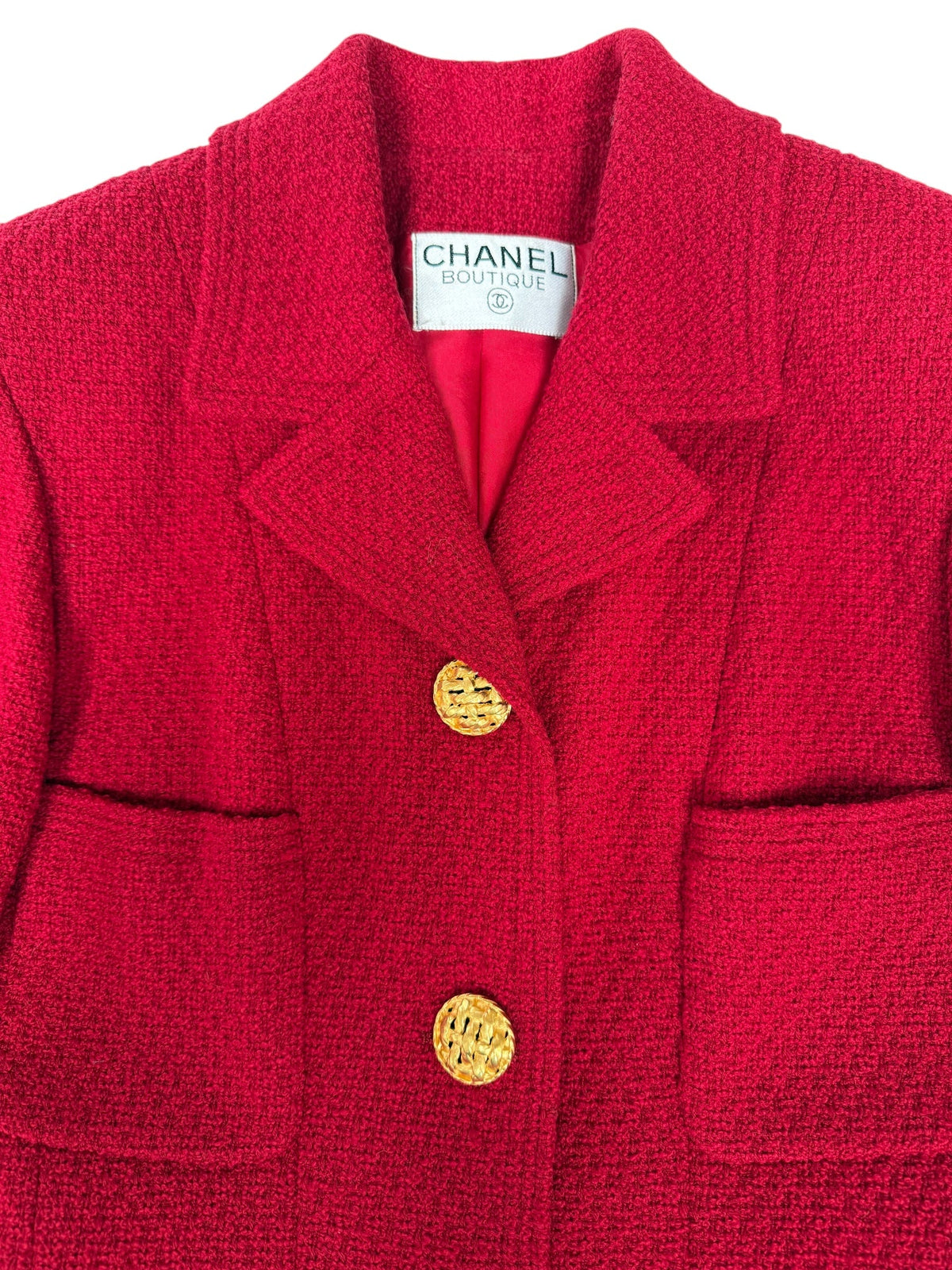 Chanel Red Woollen and Weave Gold Button Suit