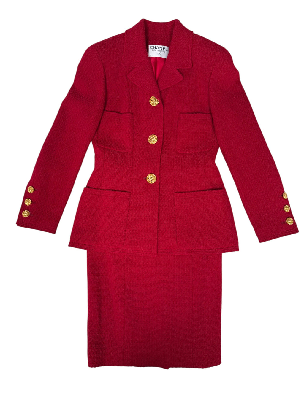 Chanel Red Woollen and Weave Gold Button Suit