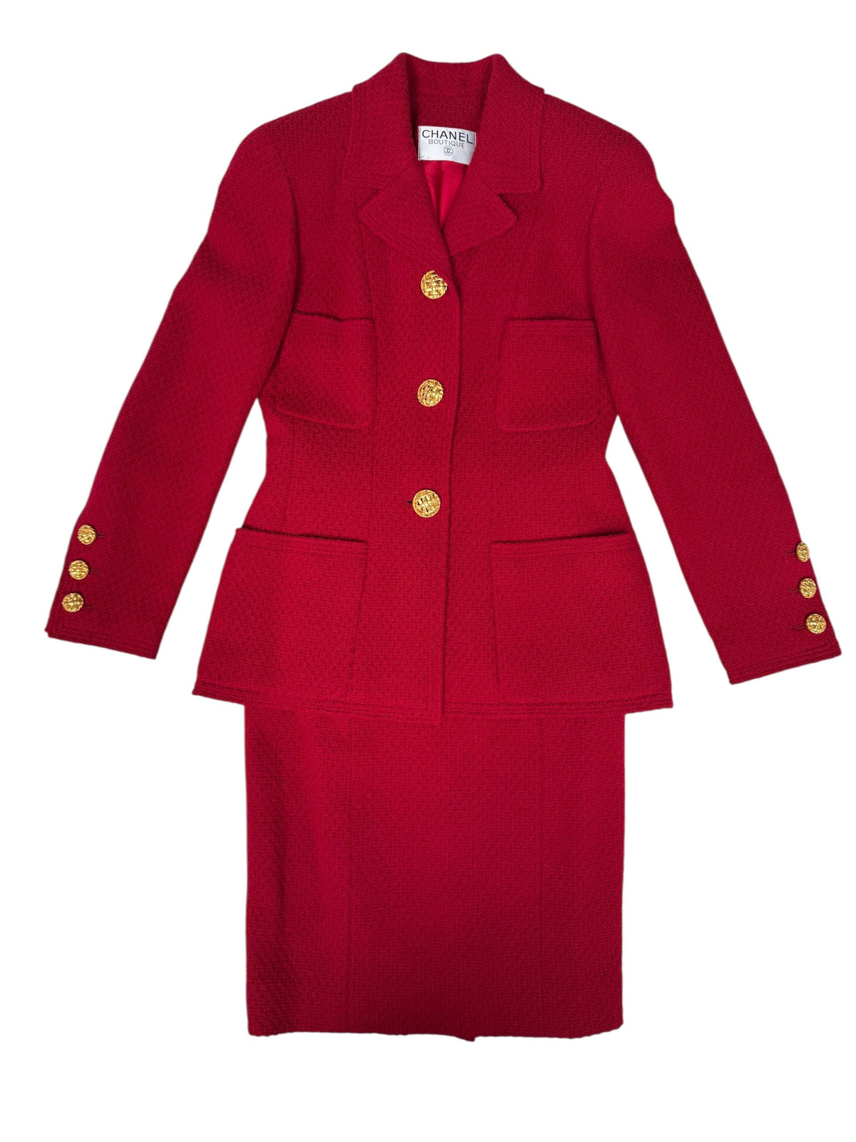 Chanel Red Woollen and Weave Gold Button Suit