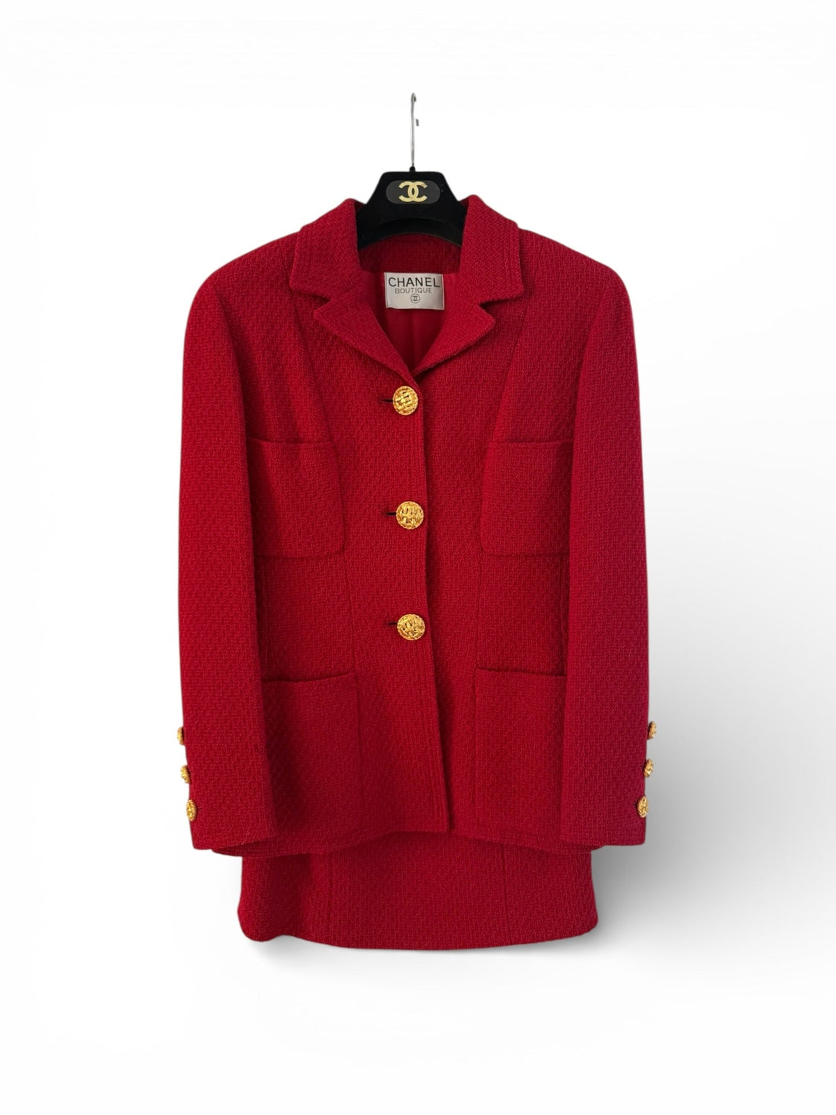 Chanel Red Woollen and Weave Gold Button Suit