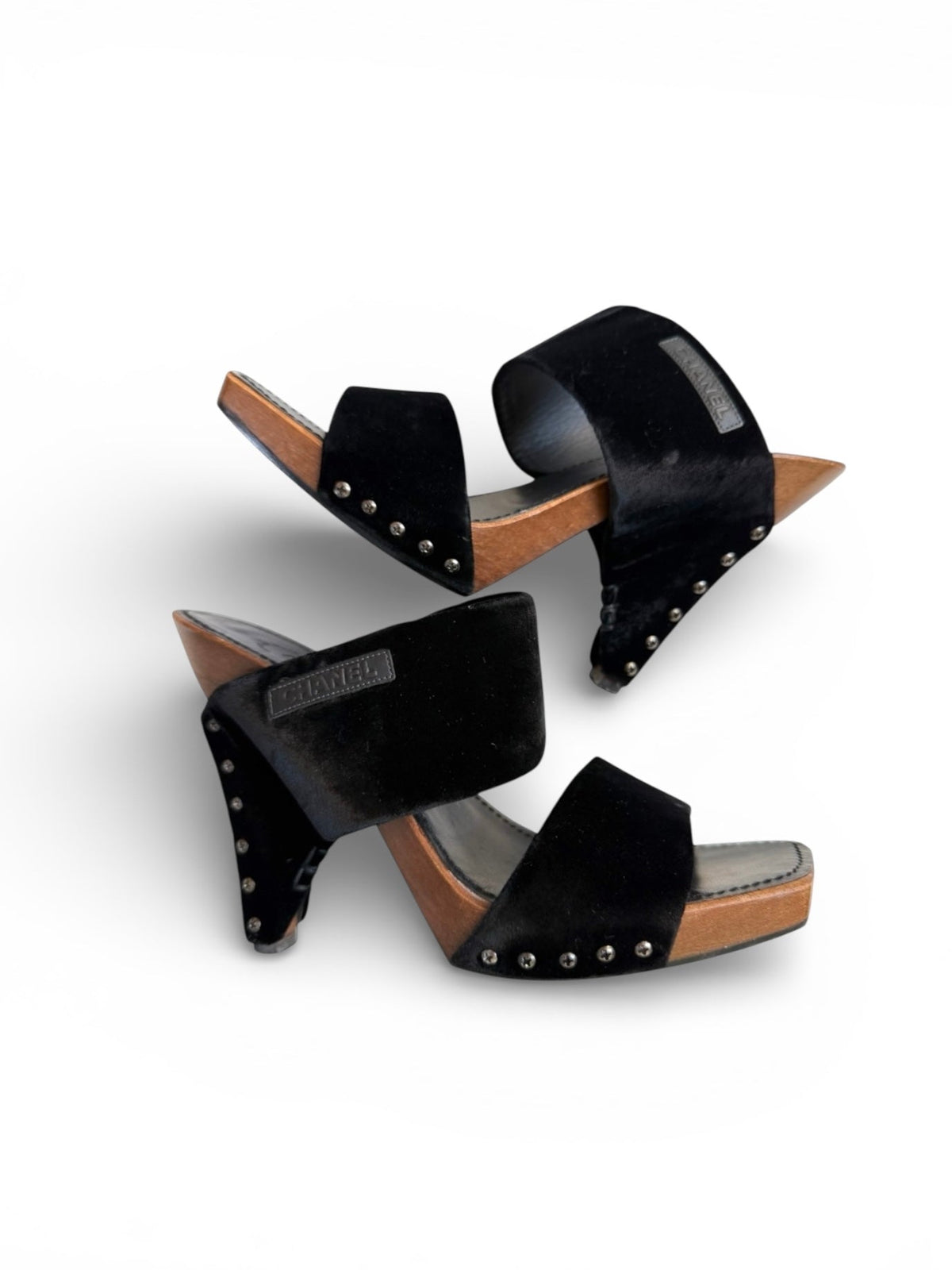 Chanel Black Velvet Platform Sandals with Wooden Soles