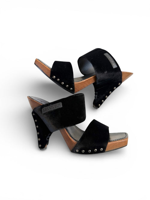 Chanel Black Velvet Platform Sandals with Wooden Soles