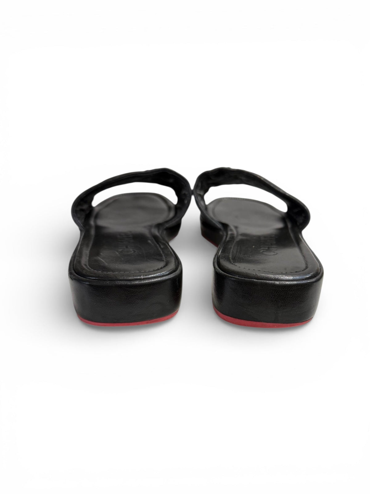 Chanel “CC” Logo Black Leather Matelassé Mules