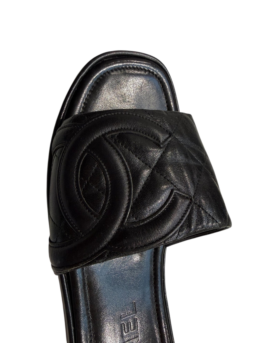 Chanel “CC” Logo Black Leather Matelassé Mules