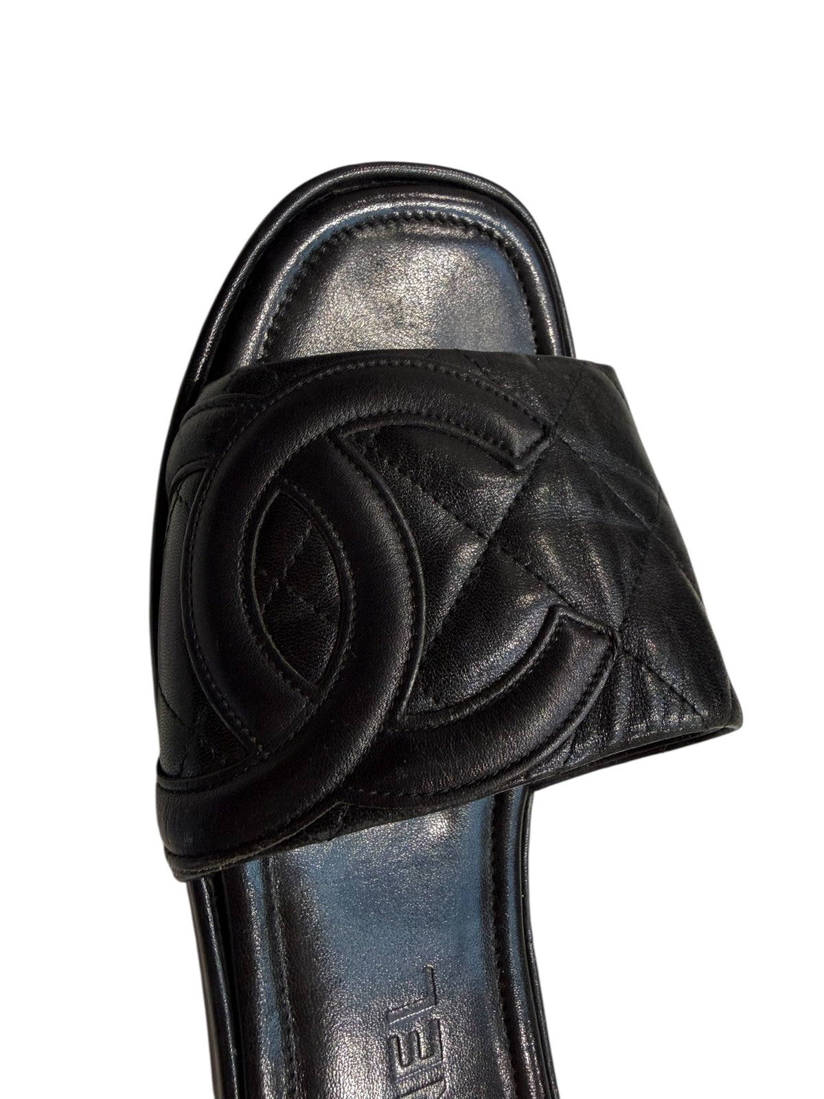 Chanel “CC” Logo Black Leather Matelassé Mules