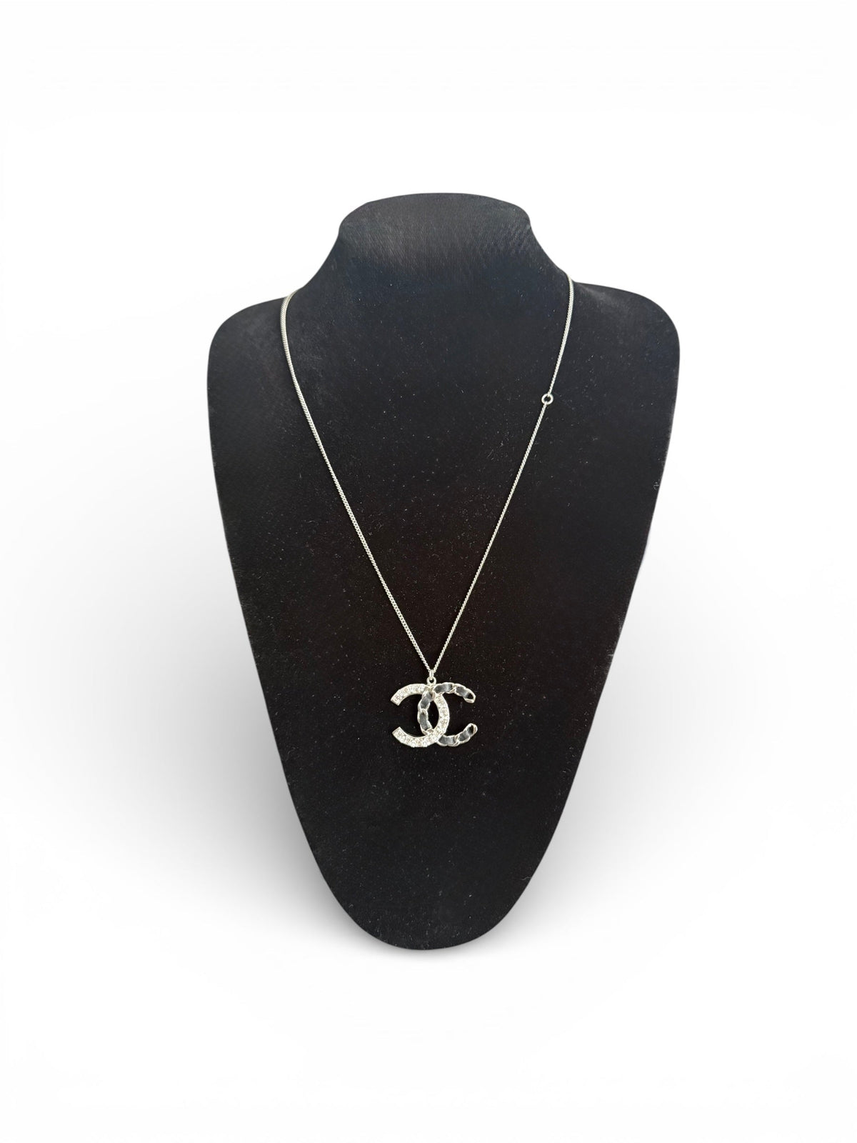 Chanel Silver Black Leather and Crystal Necklace and Earrings Set