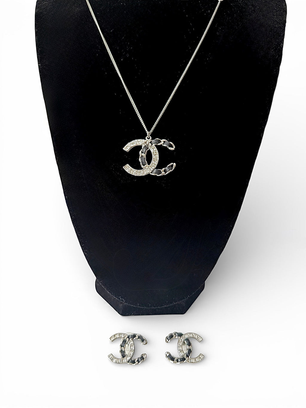 Chanel Silver Black Leather and Crystal Necklace and Earrings Set
