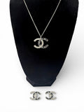 Chanel Silver Black Leather and Crystal Necklace and Earrings Set
