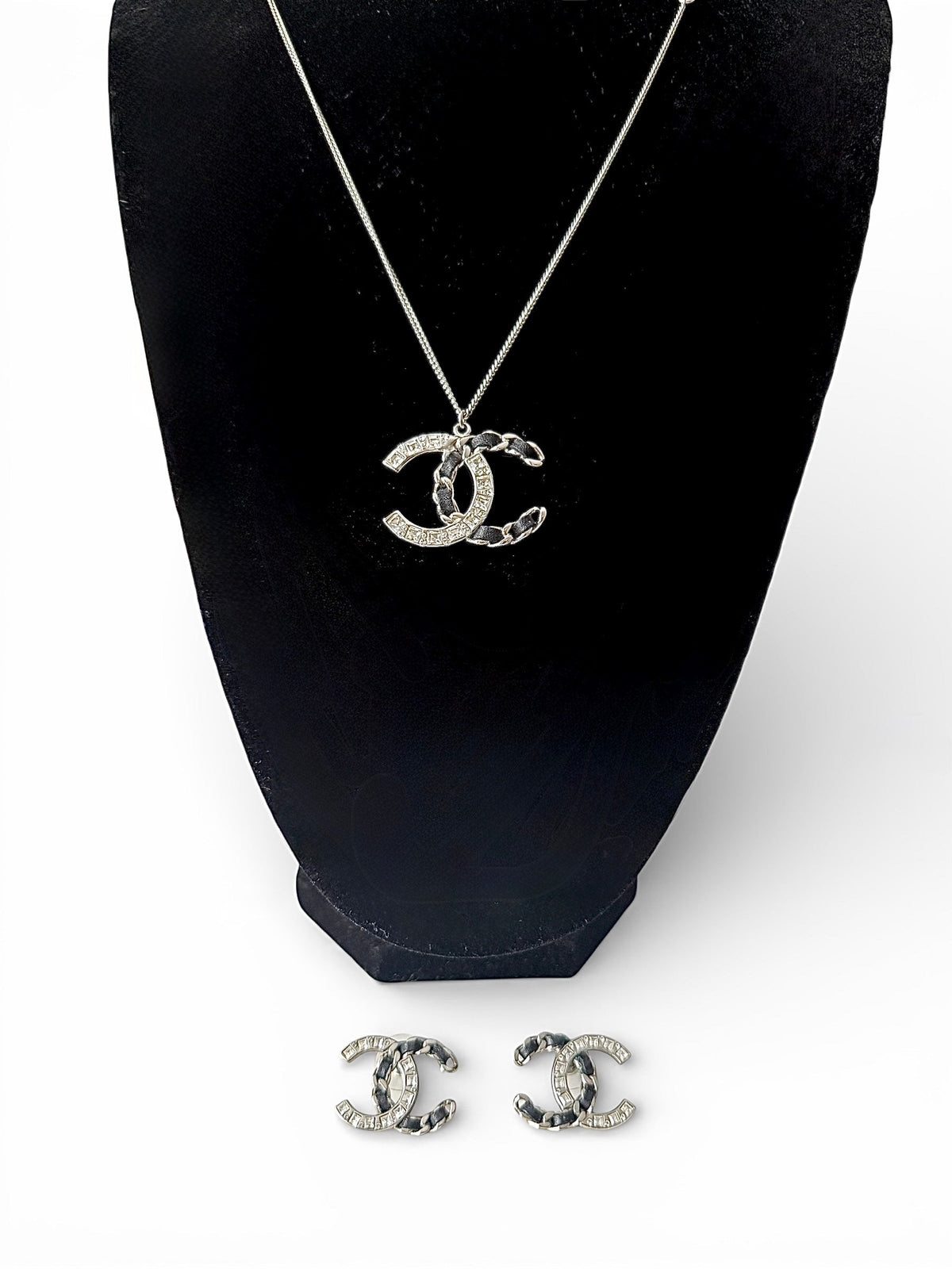 Chanel Silver Black Leather and Crystal Necklace and Earrings Set