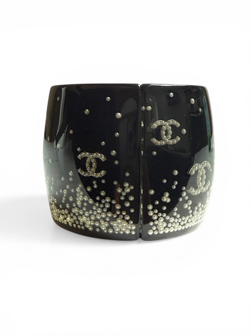 Chanel Black Lucite Hinged Oval Mini Pearl Cuff Bracelet