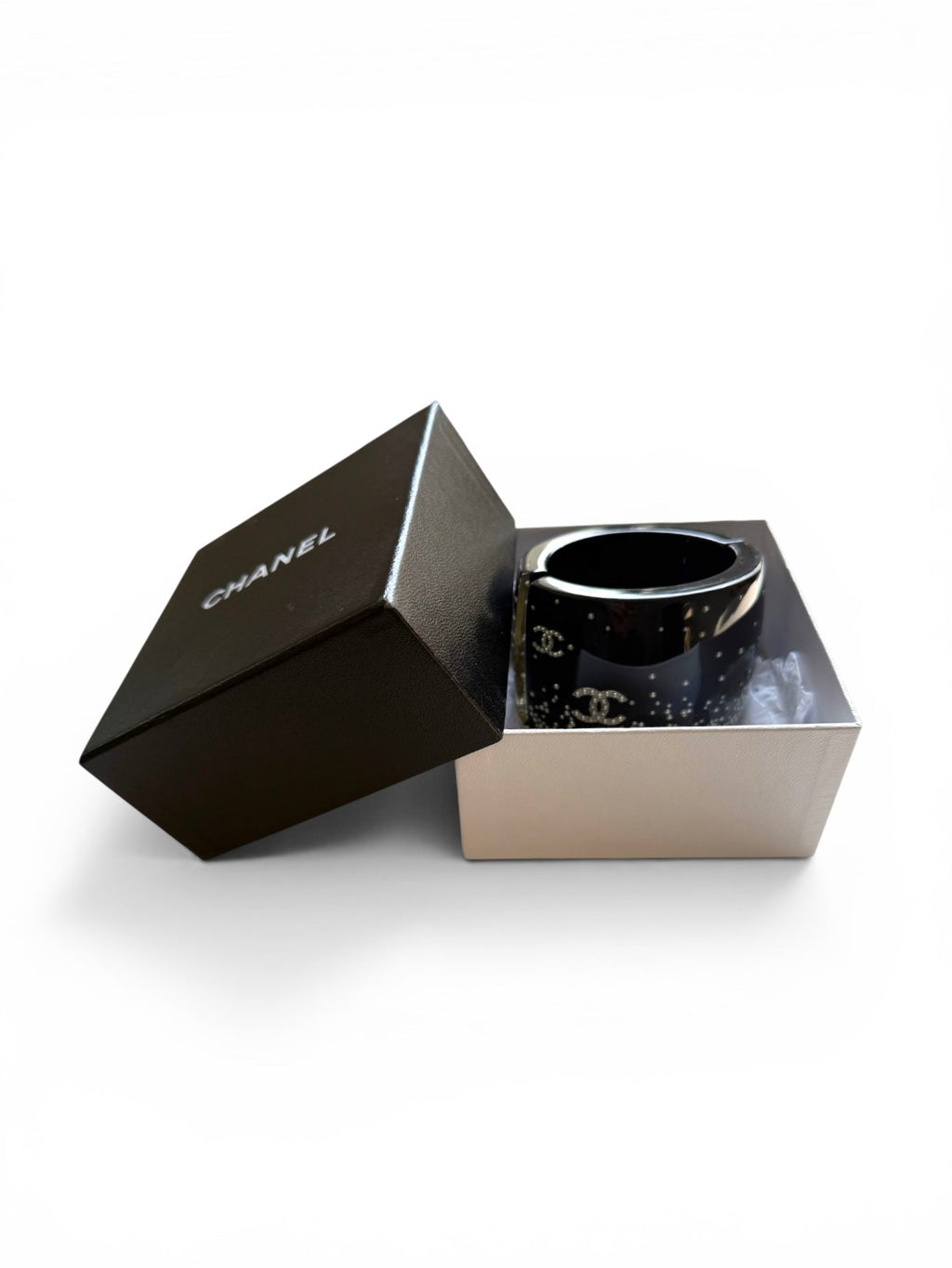 Chanel Black Lucite Hinged Oval Mini Pearl Cuff Bracelet