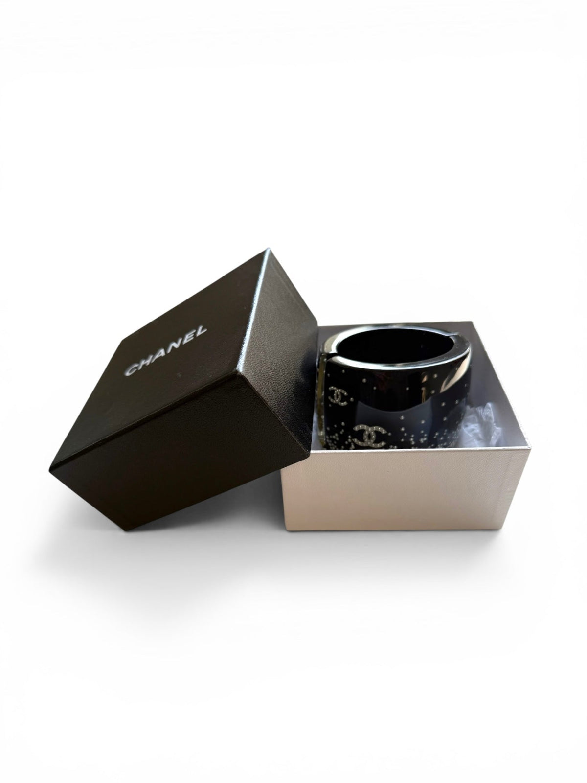 Chanel Black Lucite Hinged Oval Mini Pearl Cuff Bracelet