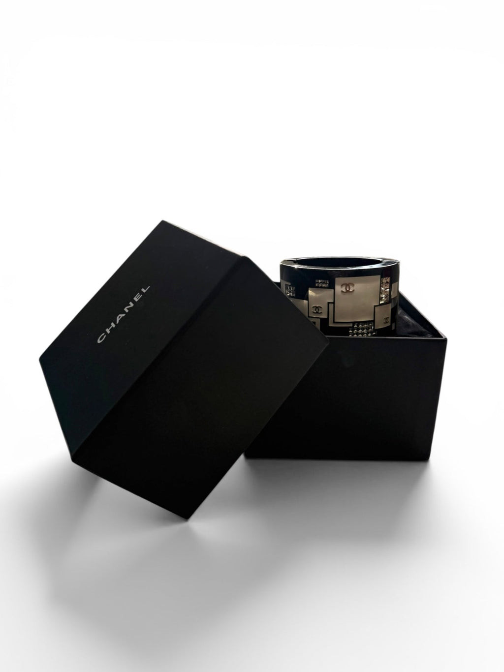 Chanel Black Lucite Hinged Oval Crystal Cuff Bracelet