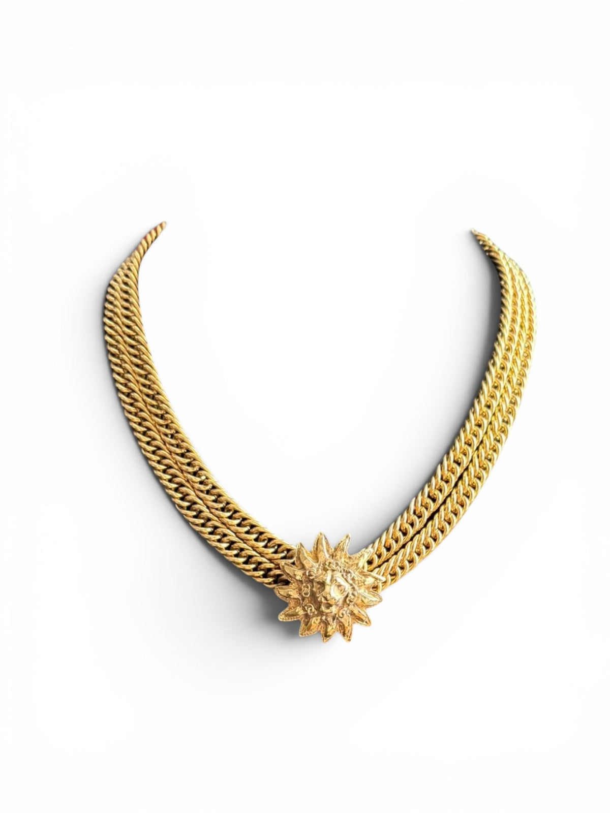 Chanel Gold Lion Head Sunburst Choker Necklace and Clip-on Earrings Set