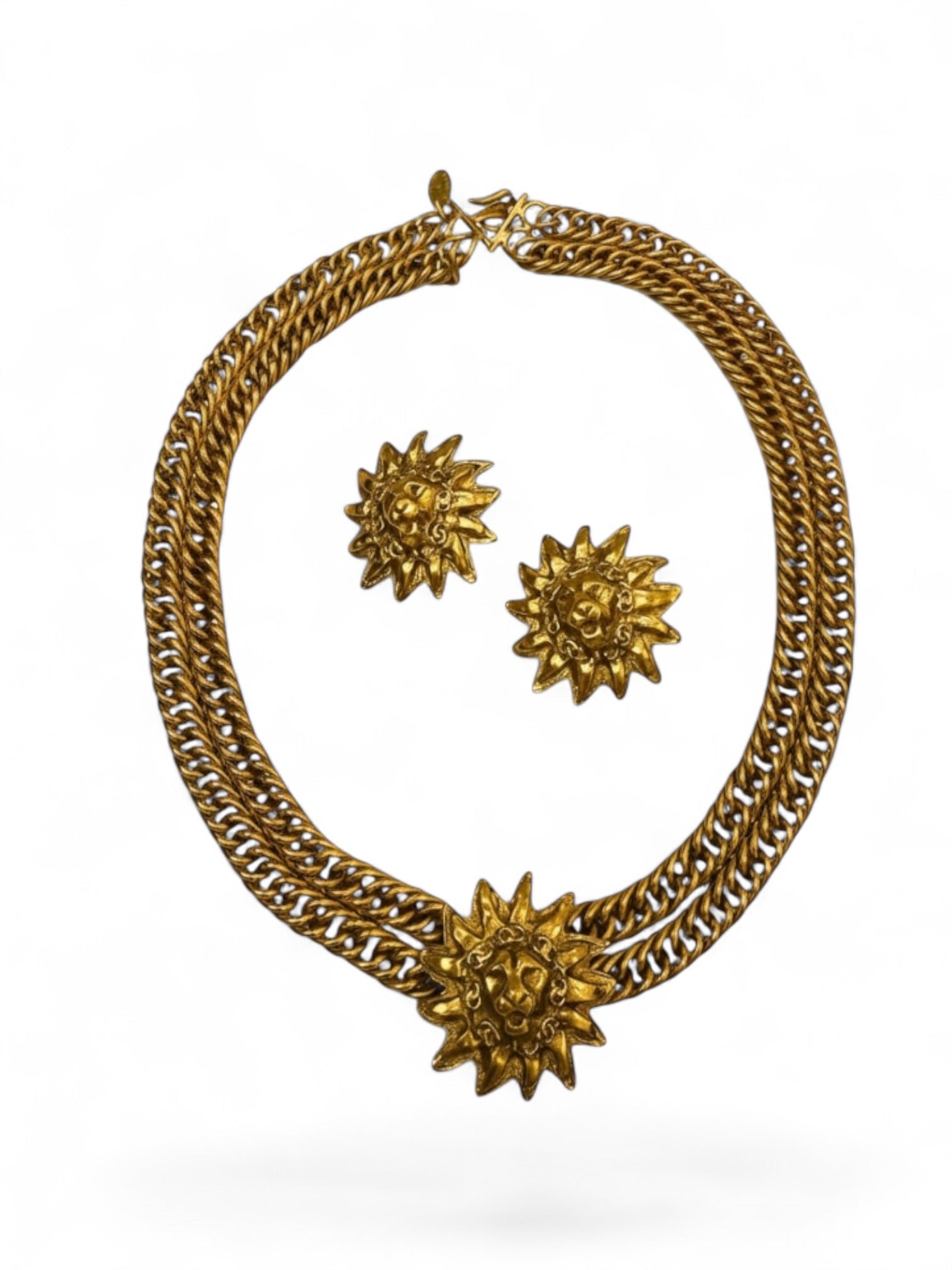 Chanel Gold Lion Head Sunburst Choker Necklace and Clip-on Earrings Set