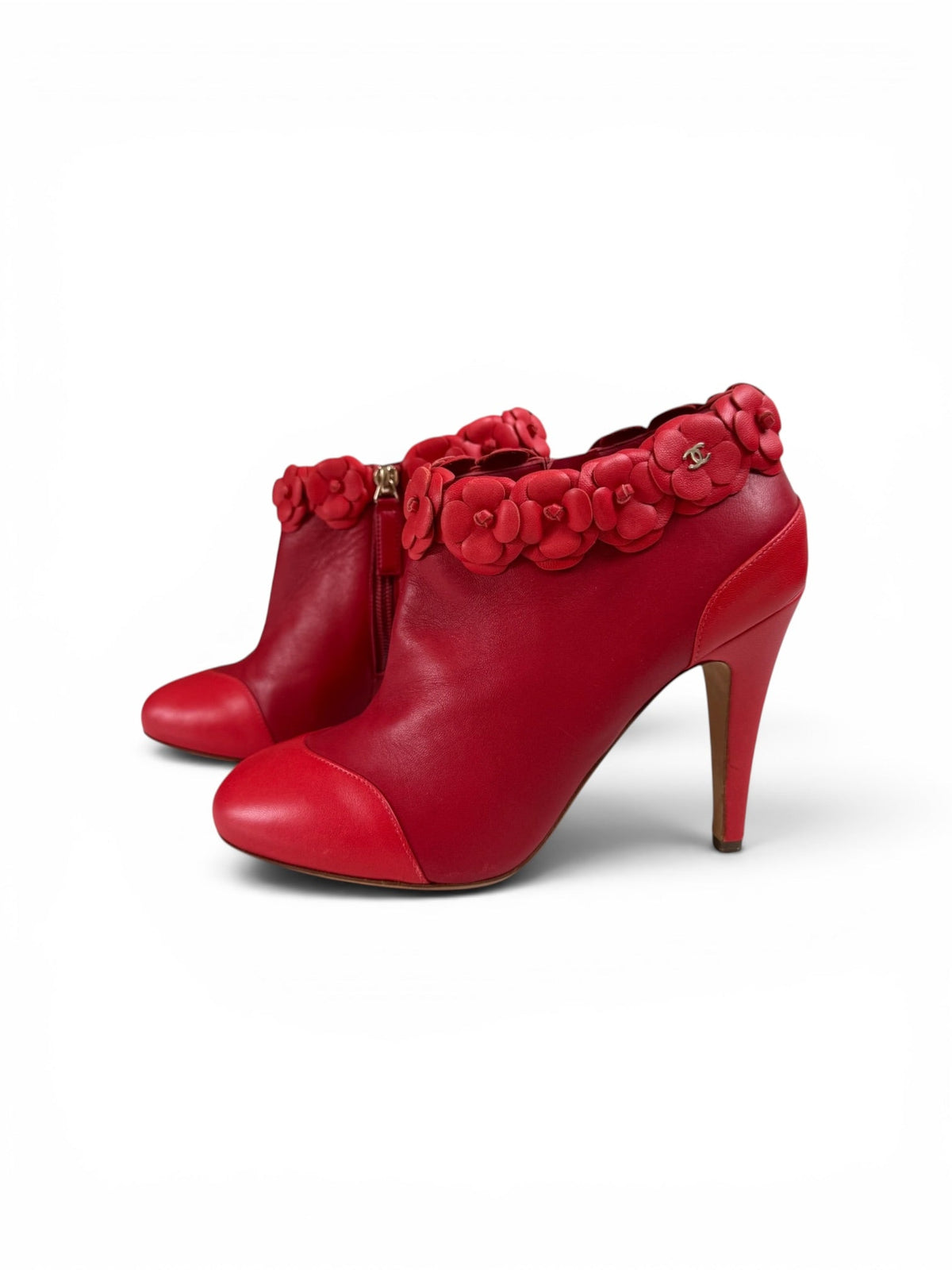 Chanel Red Pointed Toe Camellia Ankle Boots