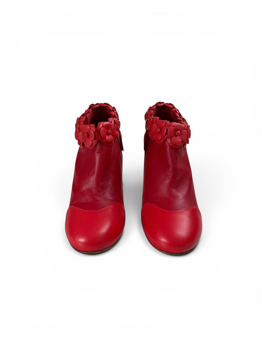 Chanel Red Pointed Toe Camellia Ankle Boots