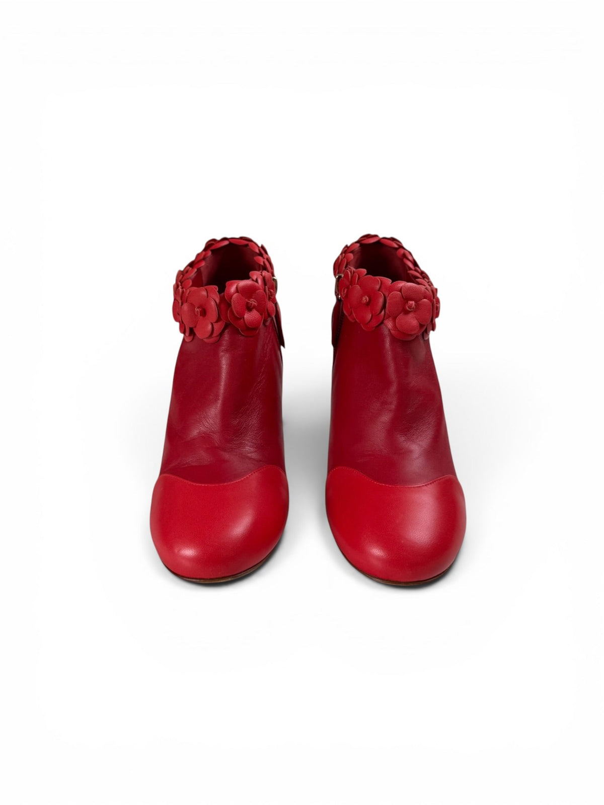 Chanel Red Pointed Toe Camellia Ankle Boots