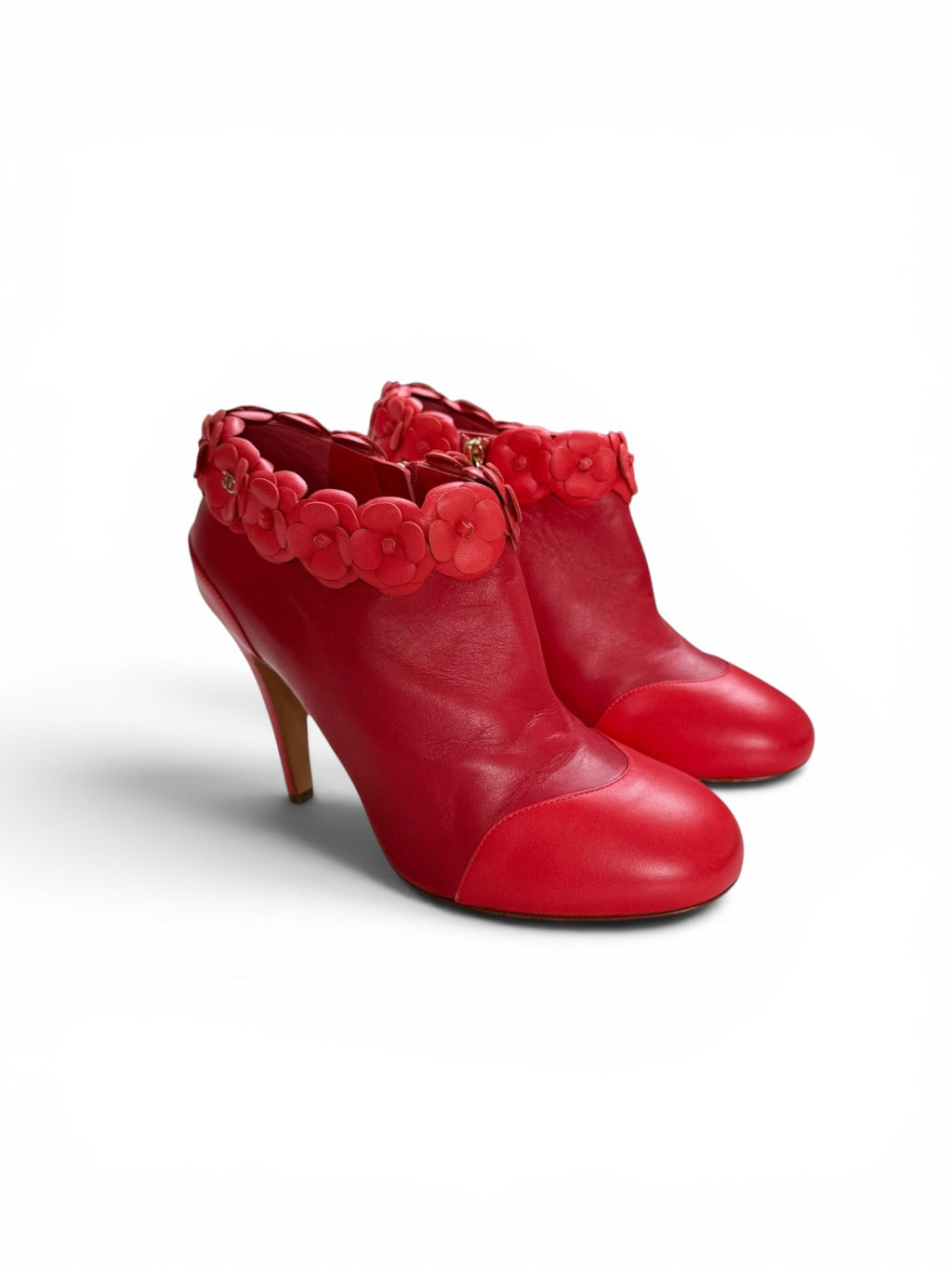 Chanel Red Pointed Toe Camellia Ankle Boots