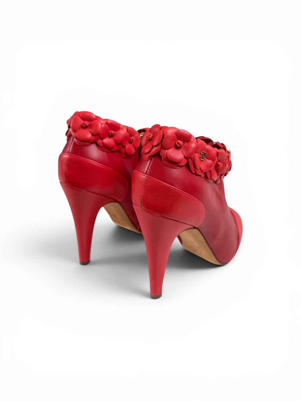 Chanel Red Pointed Toe Camellia Ankle Boots