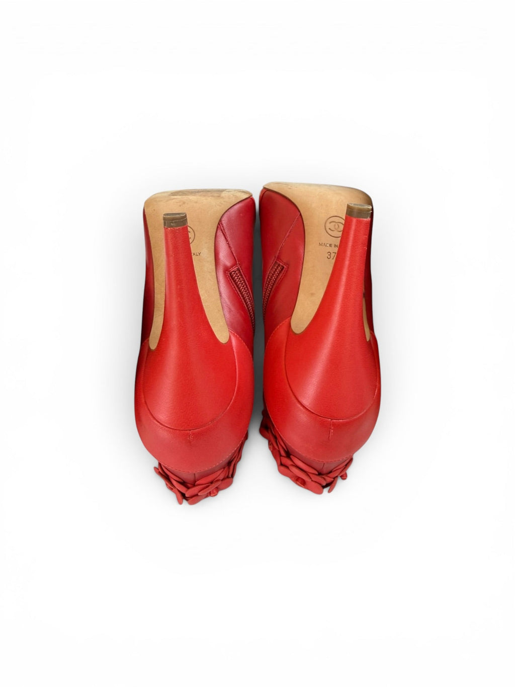 Chanel Red Pointed Toe Camellia Ankle Boots