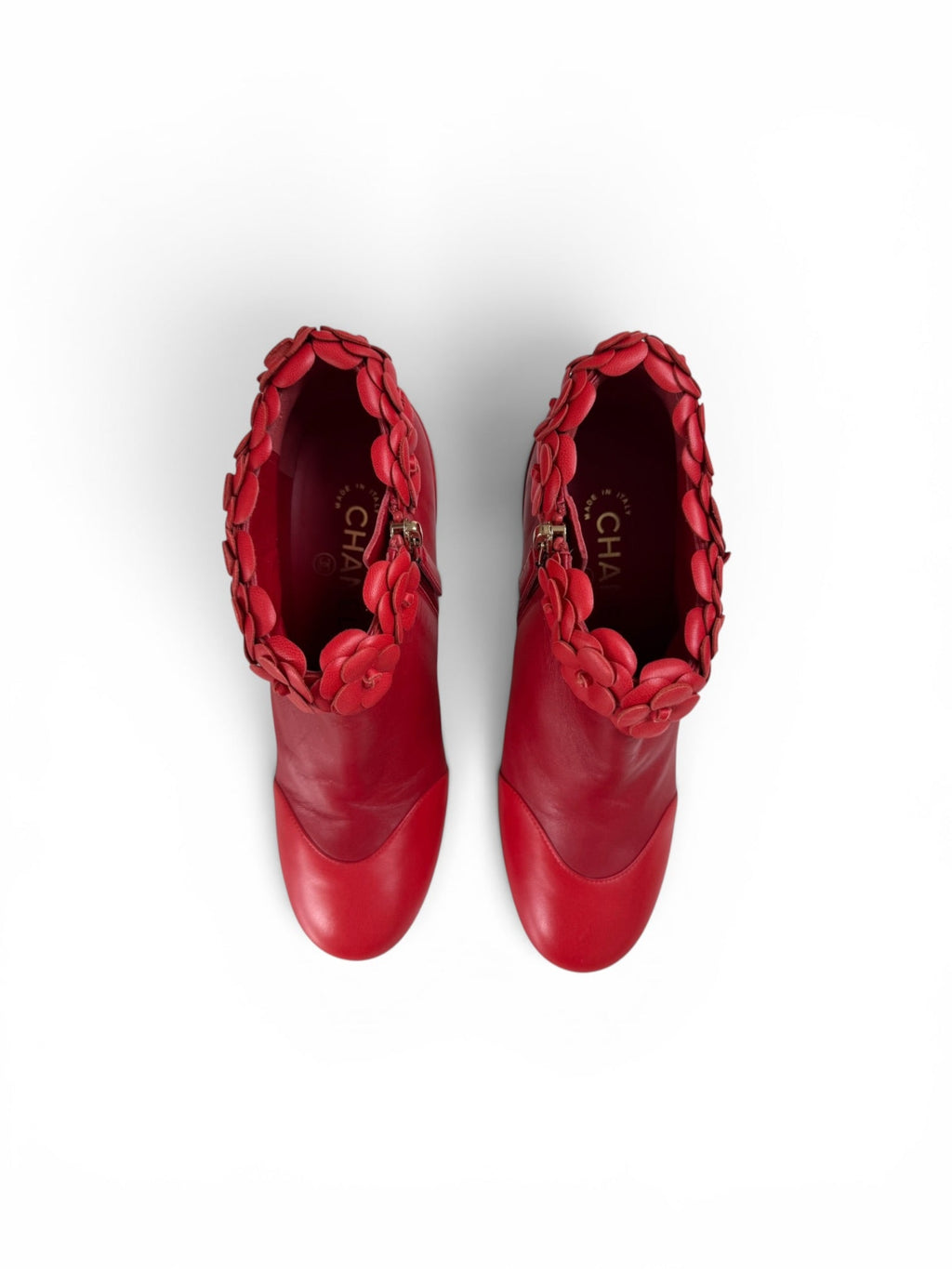 Chanel Red Pointed Toe Camellia Ankle Boots