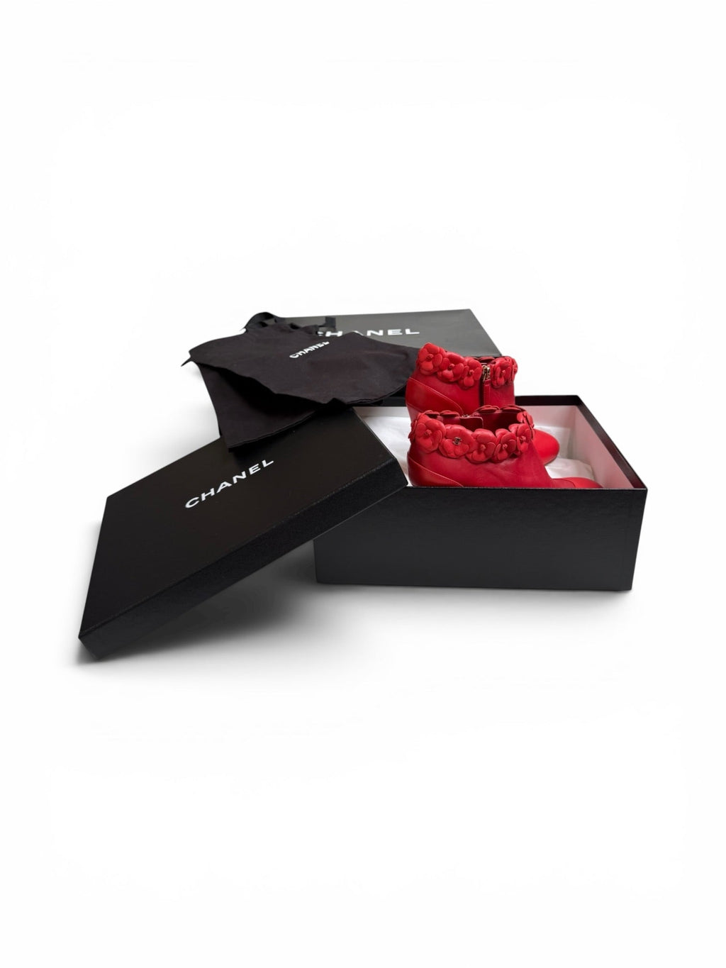 Chanel Red Pointed Toe Camellia Ankle Boots