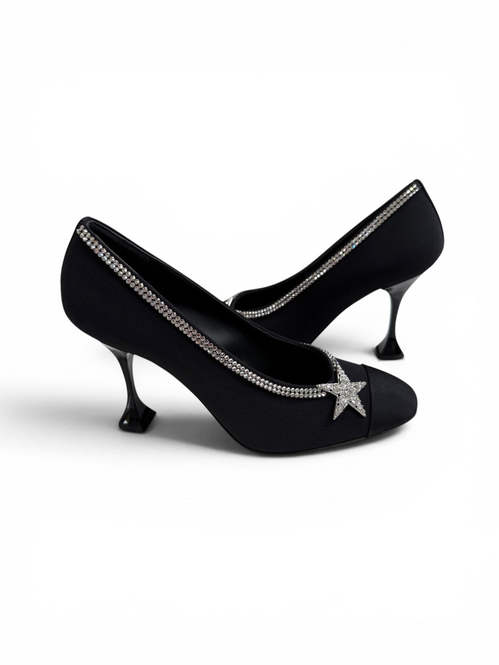 Chanel Black Satin Crystal Star Embellished Pumps