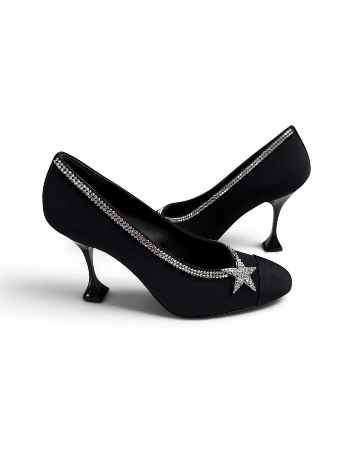 Chanel Black Satin Crystal Star Embellished Pumps