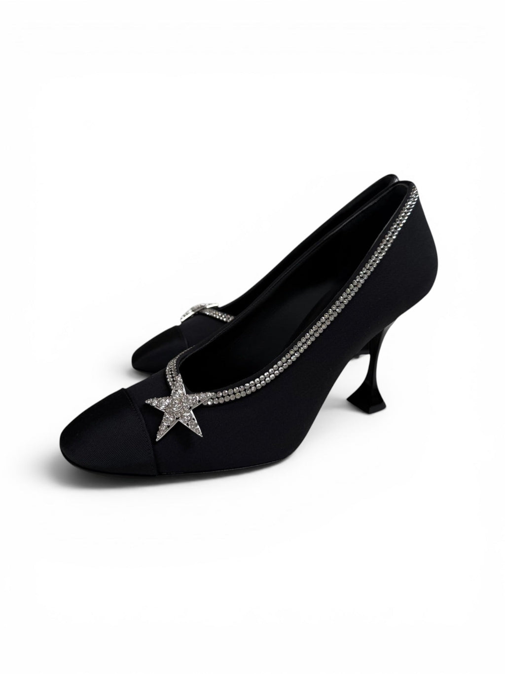 Chanel Black Satin Crystal Star Embellished Pumps