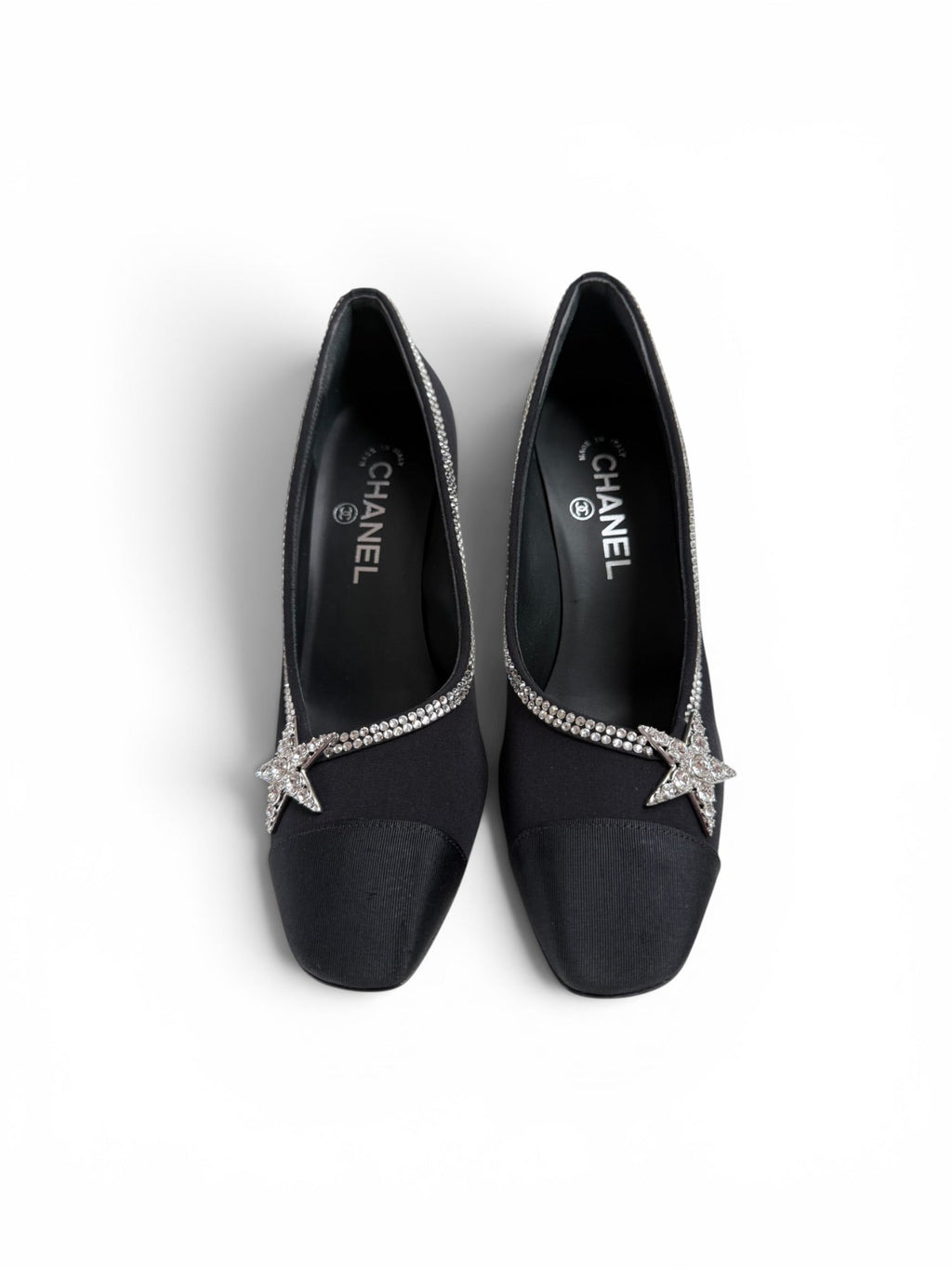Chanel Black Satin Crystal Star Embellished Pumps