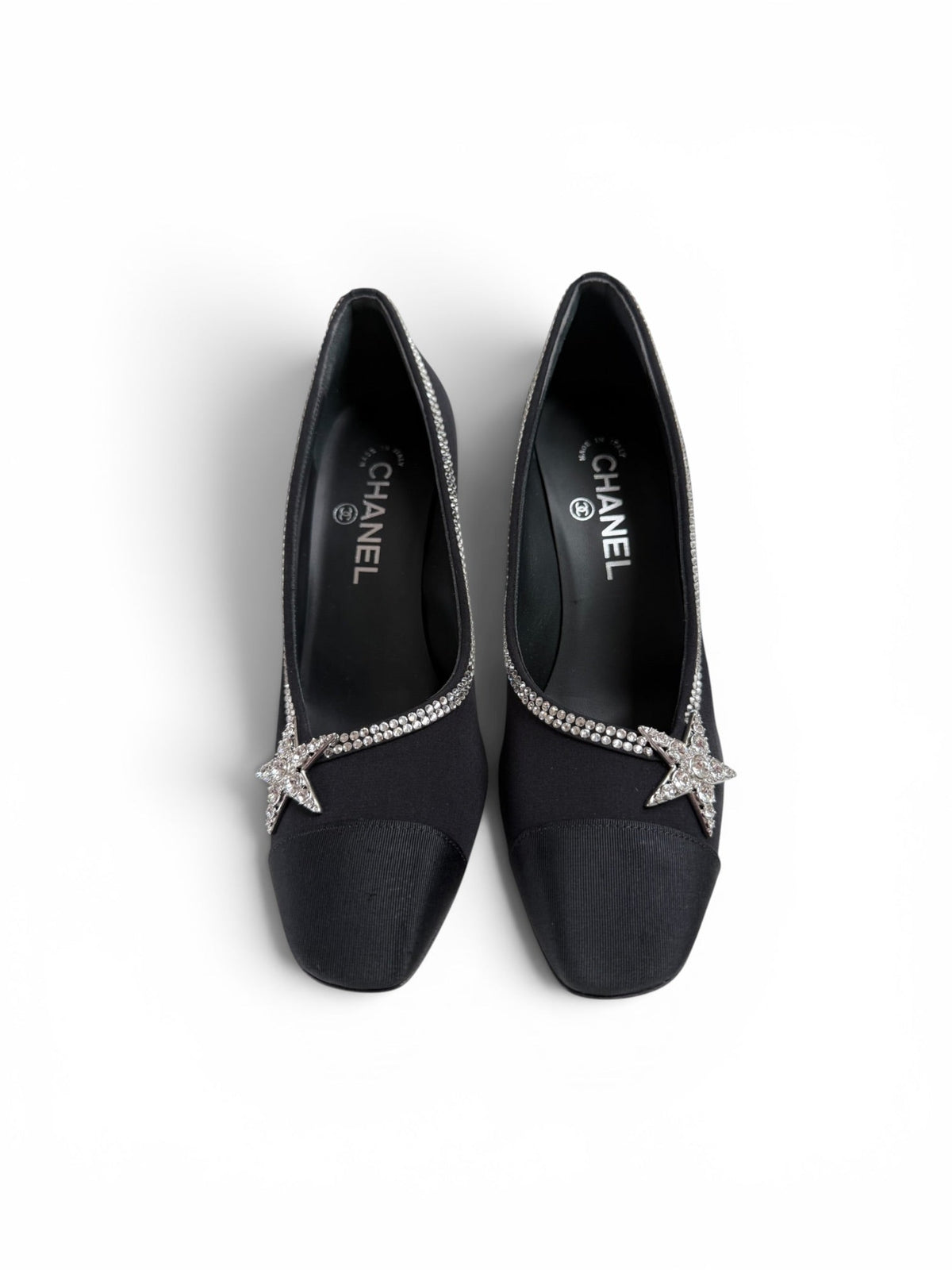 Chanel Black Satin Crystal Star Embellished Pumps