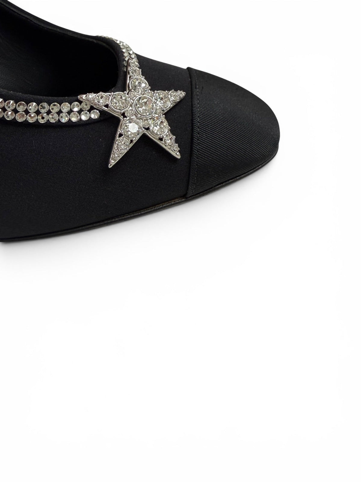 Chanel Black Satin Crystal Star Embellished Pumps