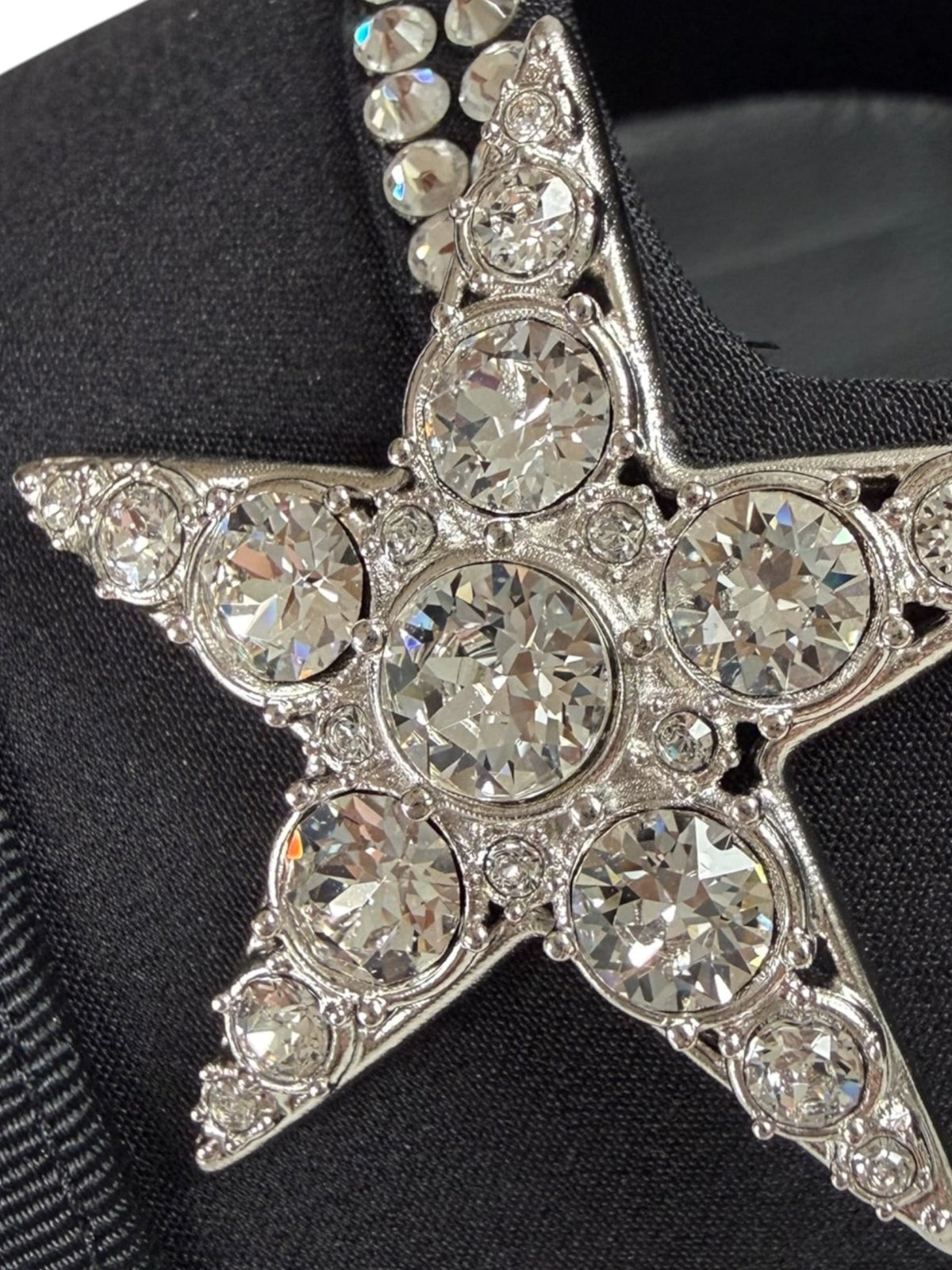Chanel Black Satin Crystal Star Embellished Pumps