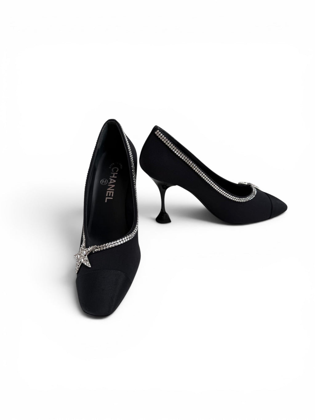 Chanel Black Satin Crystal Star Embellished Pumps