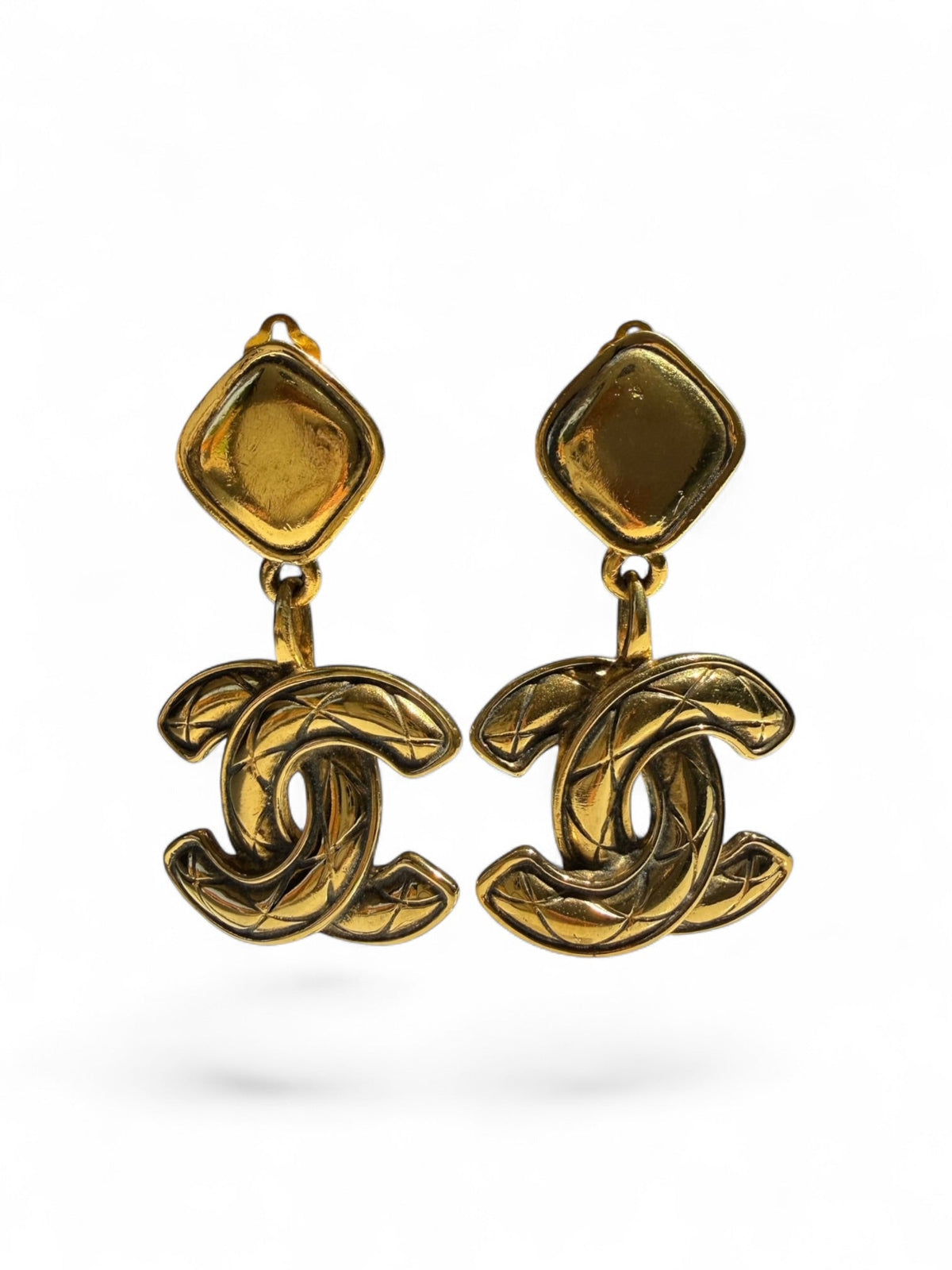 Vintage Chanel Gold Tone Quilted CC Logo Clip-On Drop Earrings