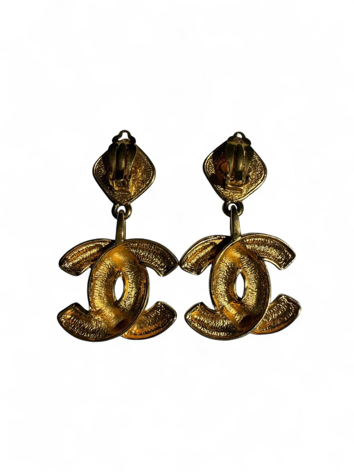 Vintage Chanel Gold Tone Quilted CC Logo Clip-On Drop Earrings