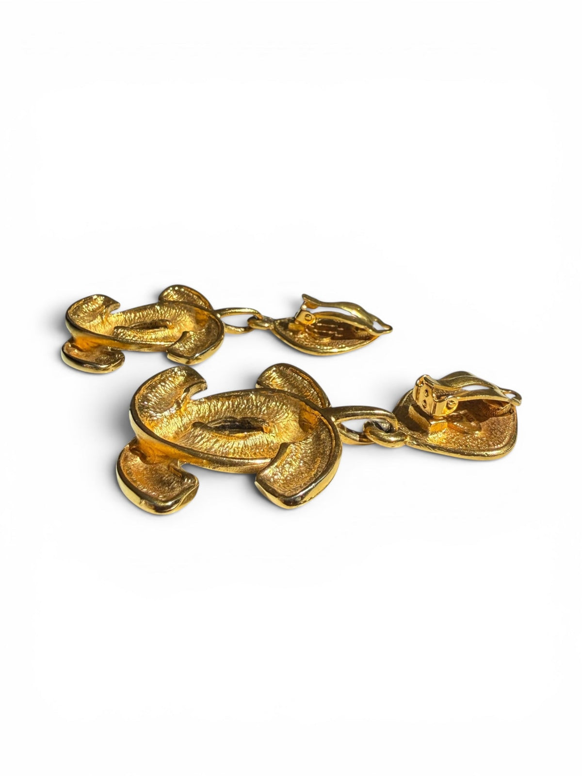 Vintage Chanel Gold Tone Quilted CC Logo Clip-On Drop Earrings