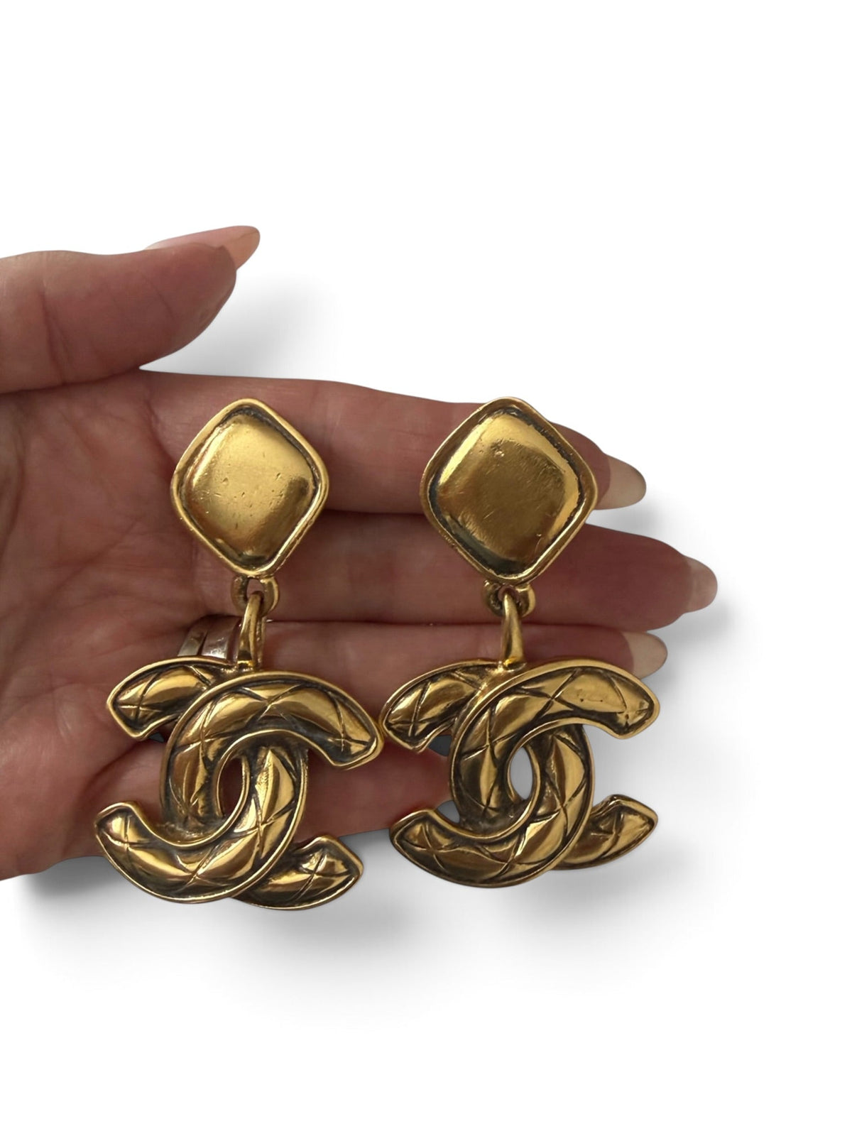 Vintage Chanel Gold Tone Quilted CC Logo Clip-On Drop Earrings