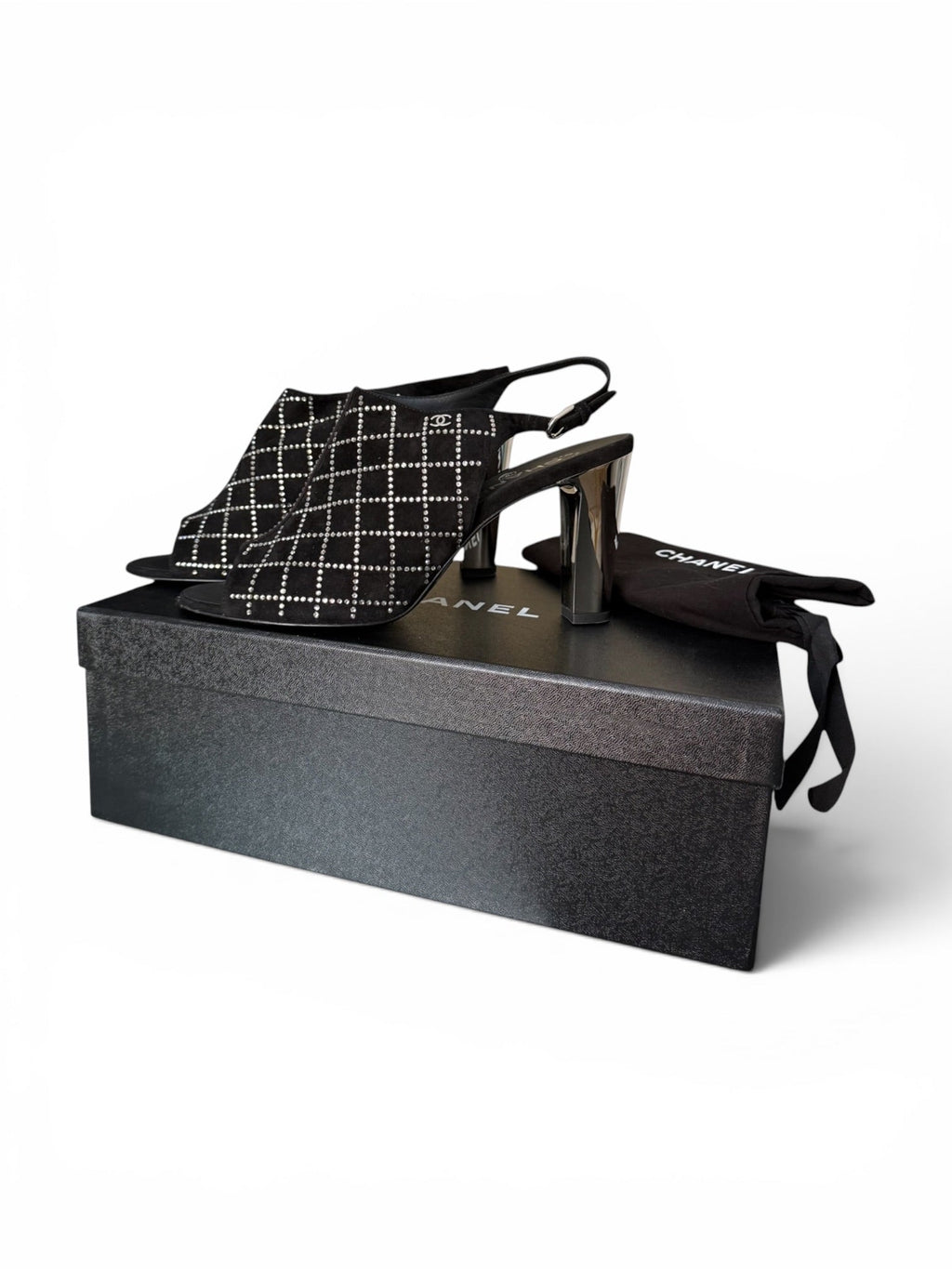 Chanel Black Suede Crystal Grid Slingback Heels