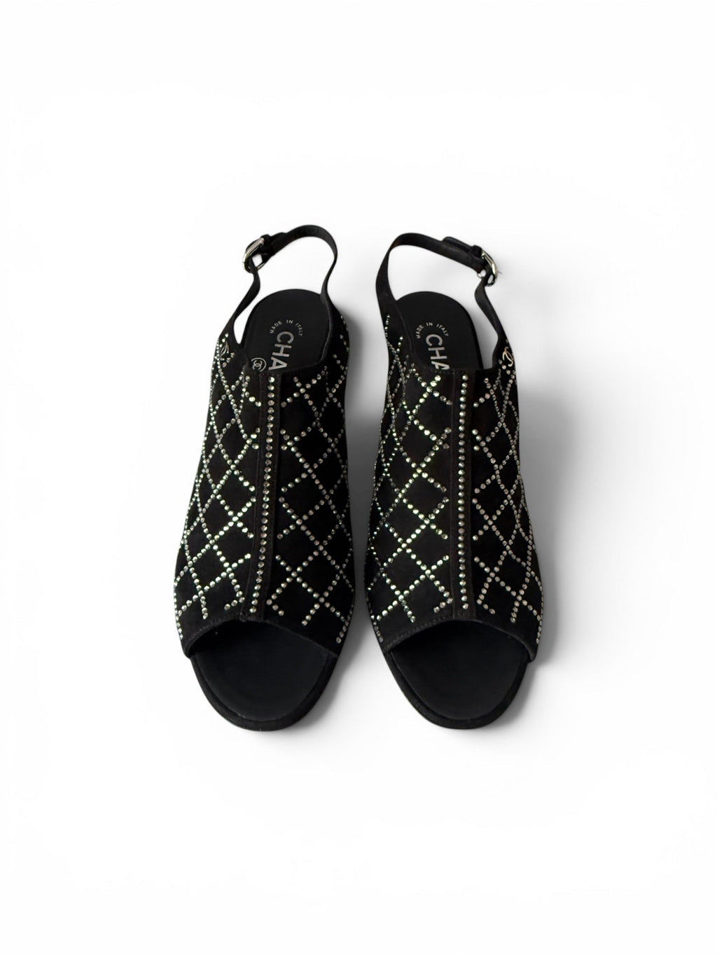 Chanel Black Suede Crystal Grid Slingback Heels