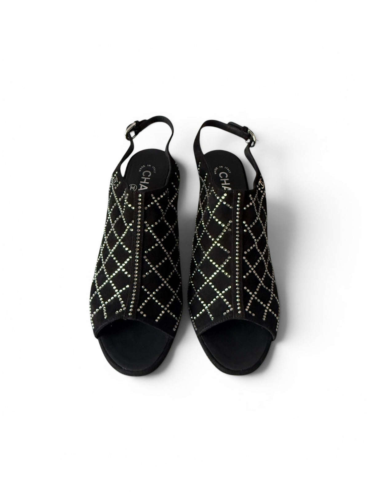 Chanel Black Suede Crystal Grid Slingback Heels