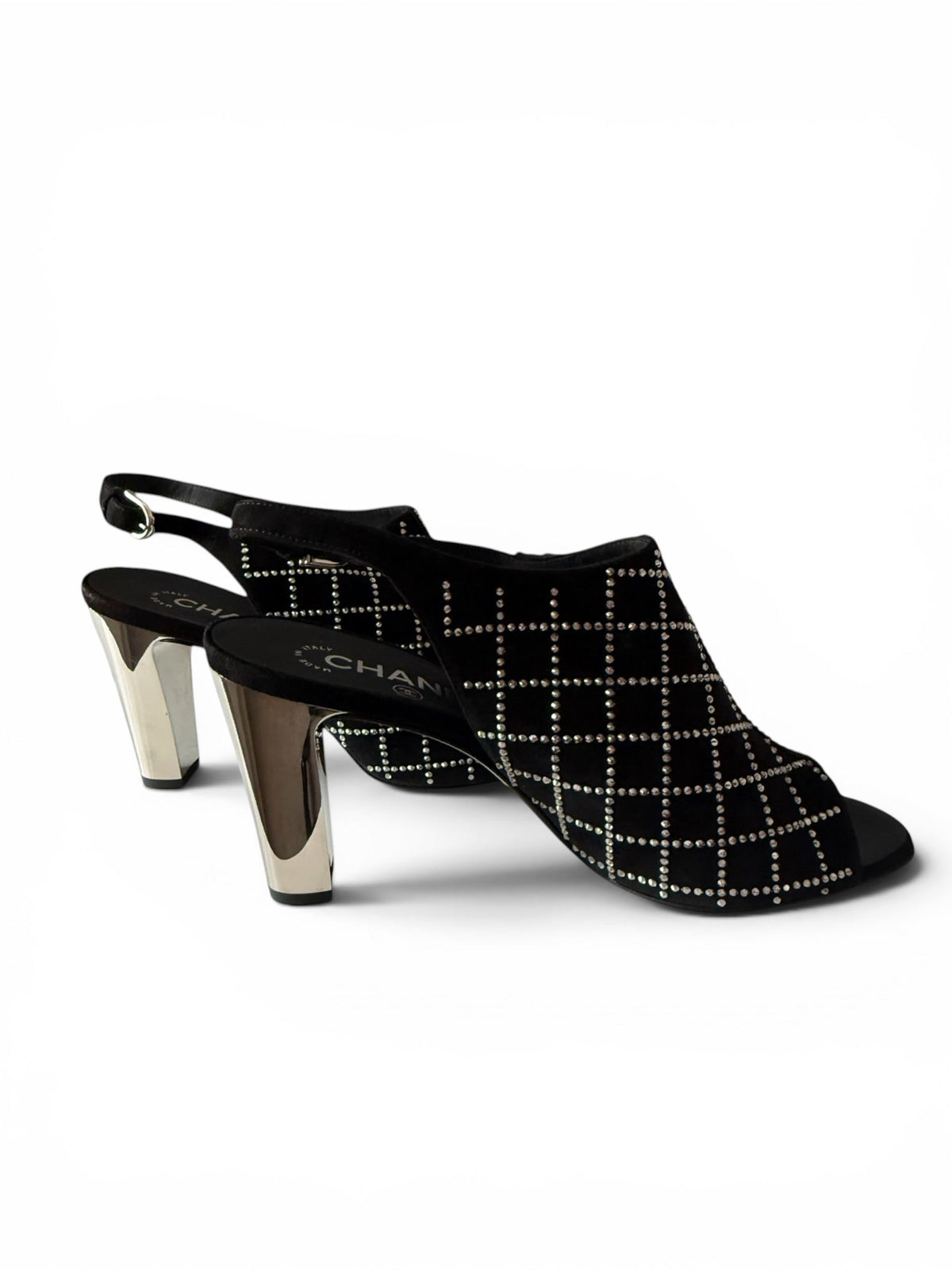 Chanel Black Suede Crystal Grid Slingback Heels