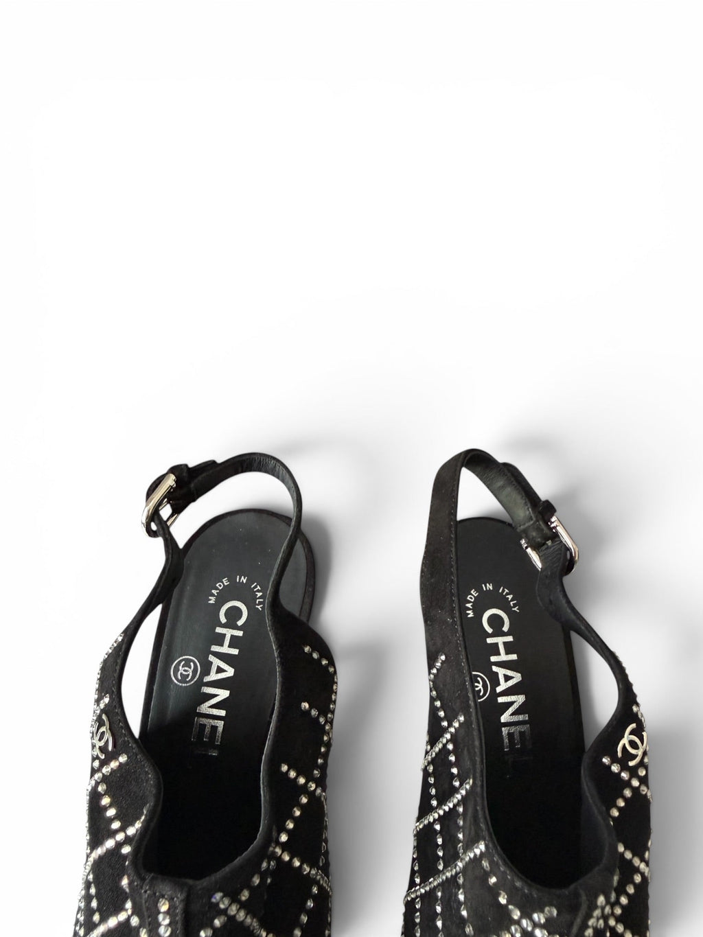Chanel Black Suede Crystal Grid Slingback Heels