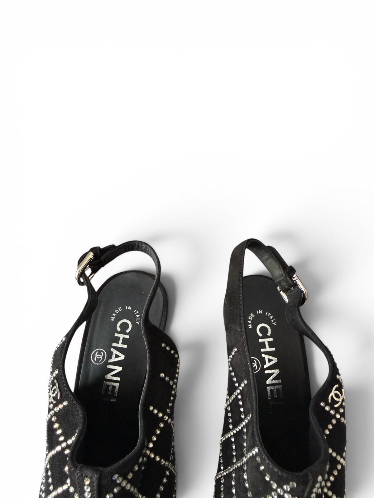 Chanel Black Suede Crystal Grid Slingback Heels